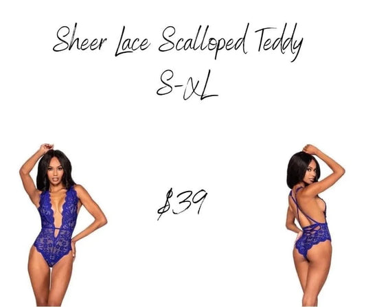 Sheer Lace Scalloped Teddy - Sapphire